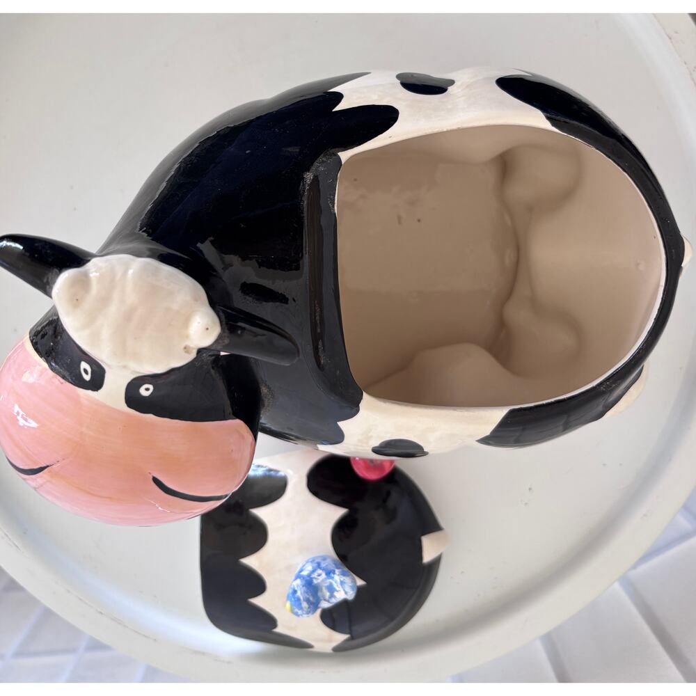 Cow Cookie Jar Farmhouse Country Kitchen Decor Ceramic Black White Apples - Picture 7 of 11